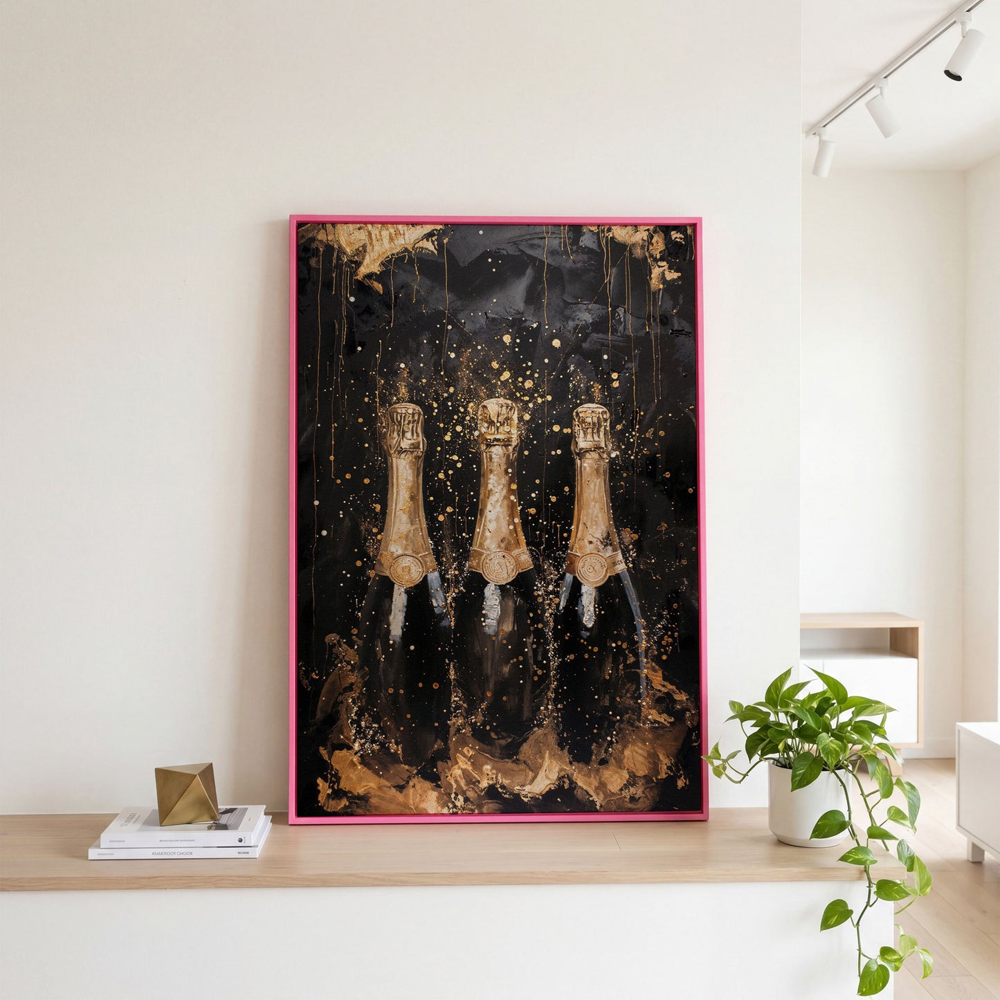 Champagne Trio Canvas Print, Black and Gold in pink floating frame