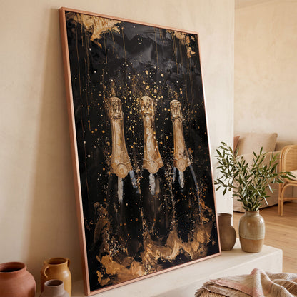 Champagne Trio Canvas Print, Black and Gold in rose gold floating frame