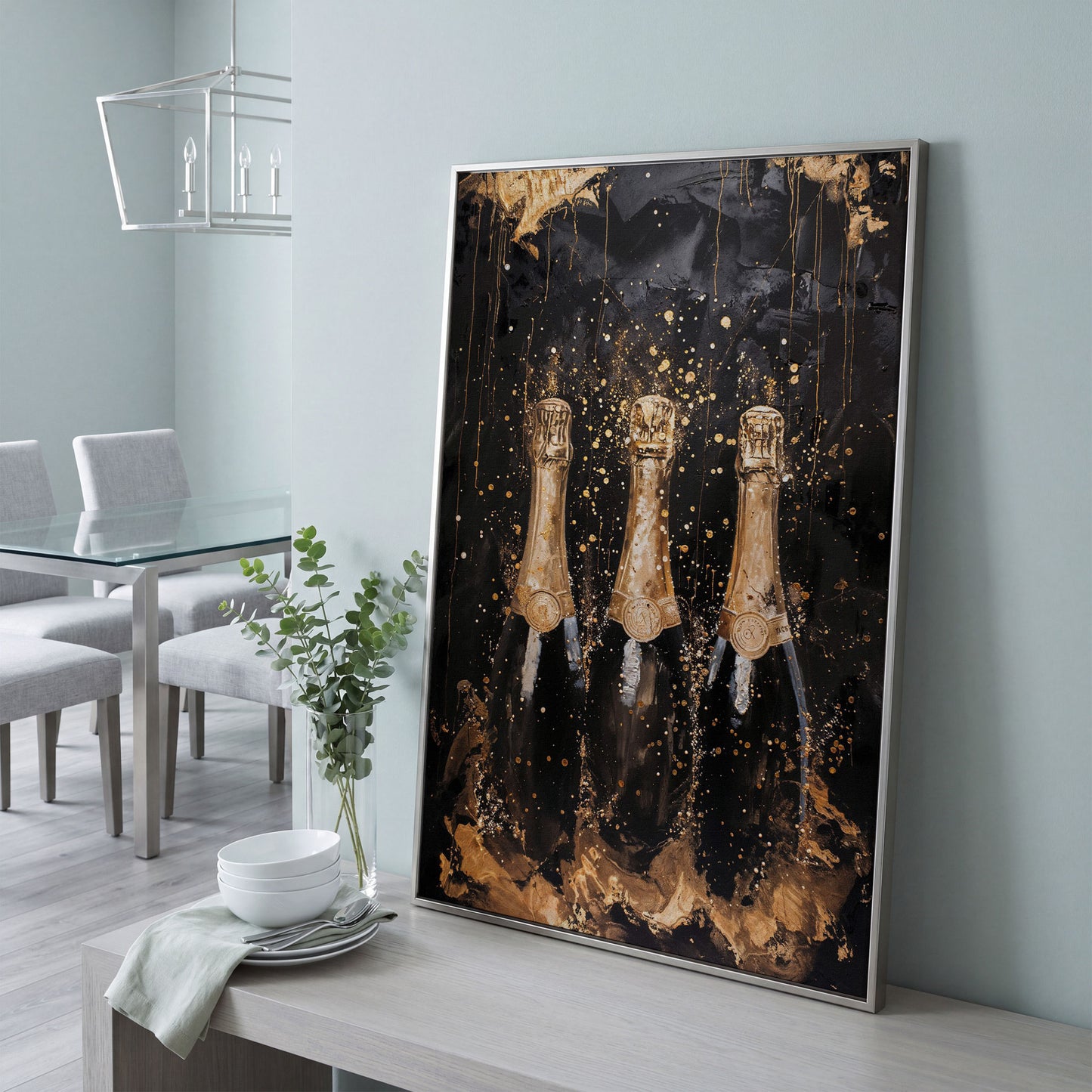 Champagne Trio Canvas Print, Black and Gold in silver floating frame