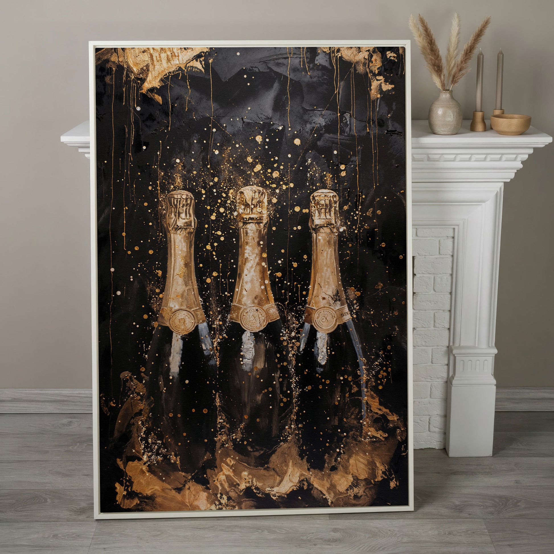 Champagne Trio Canvas Print, Black and Gold in white floating frame