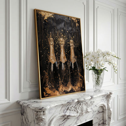 Champagne Trio Canvas Print, Black and Gold in yellow gold floating frame