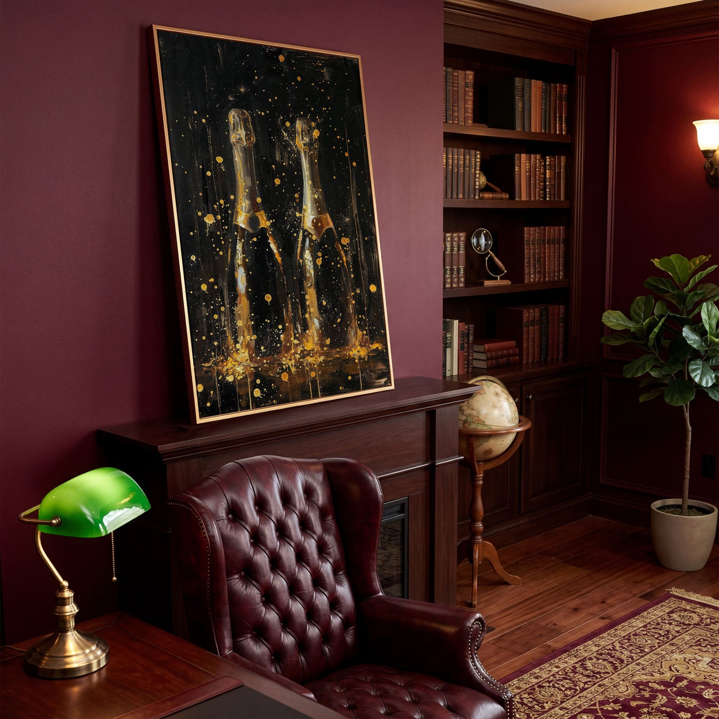 Champagne Celebration Gold Splatter Canvas in antique gold floating frame