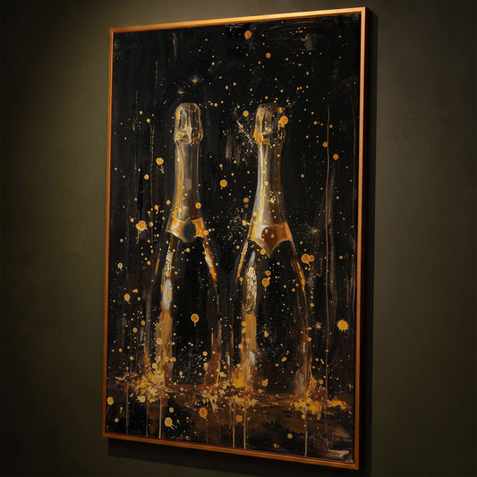 Champagne Celebration Gold Splatter Canvas shown in antique gold floating frame
