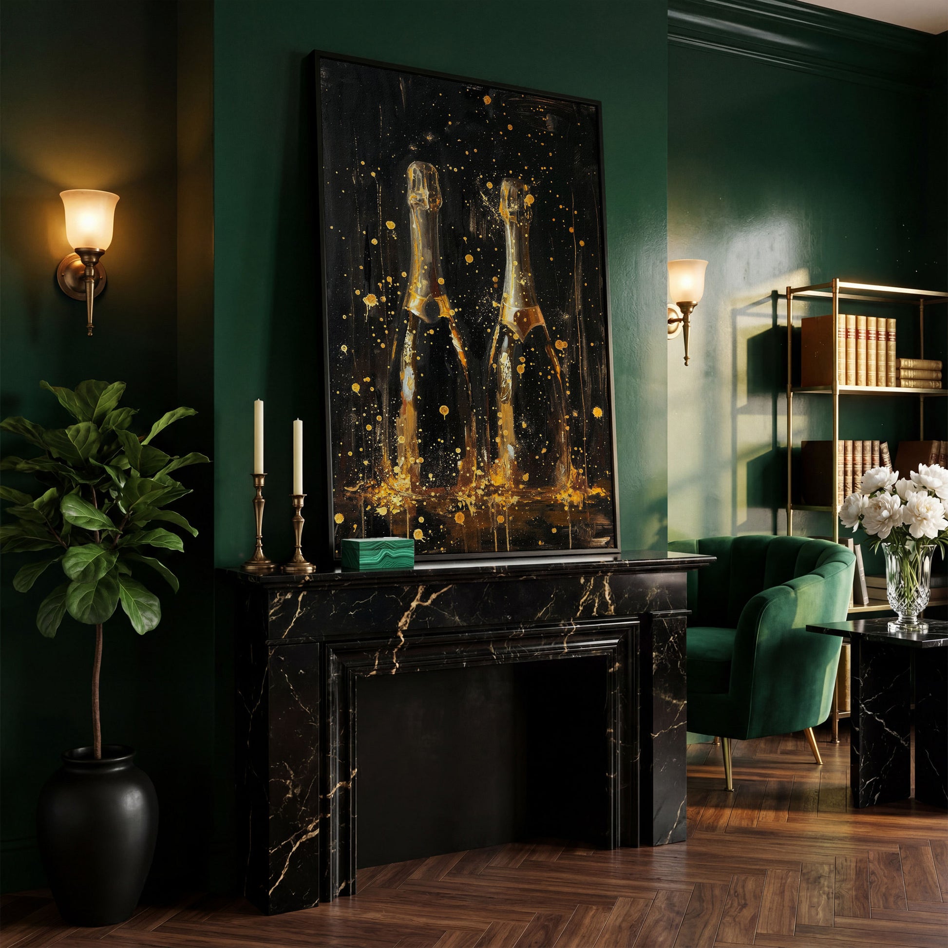 Champagne Celebration Gold Splatter Canvas in black floating frame