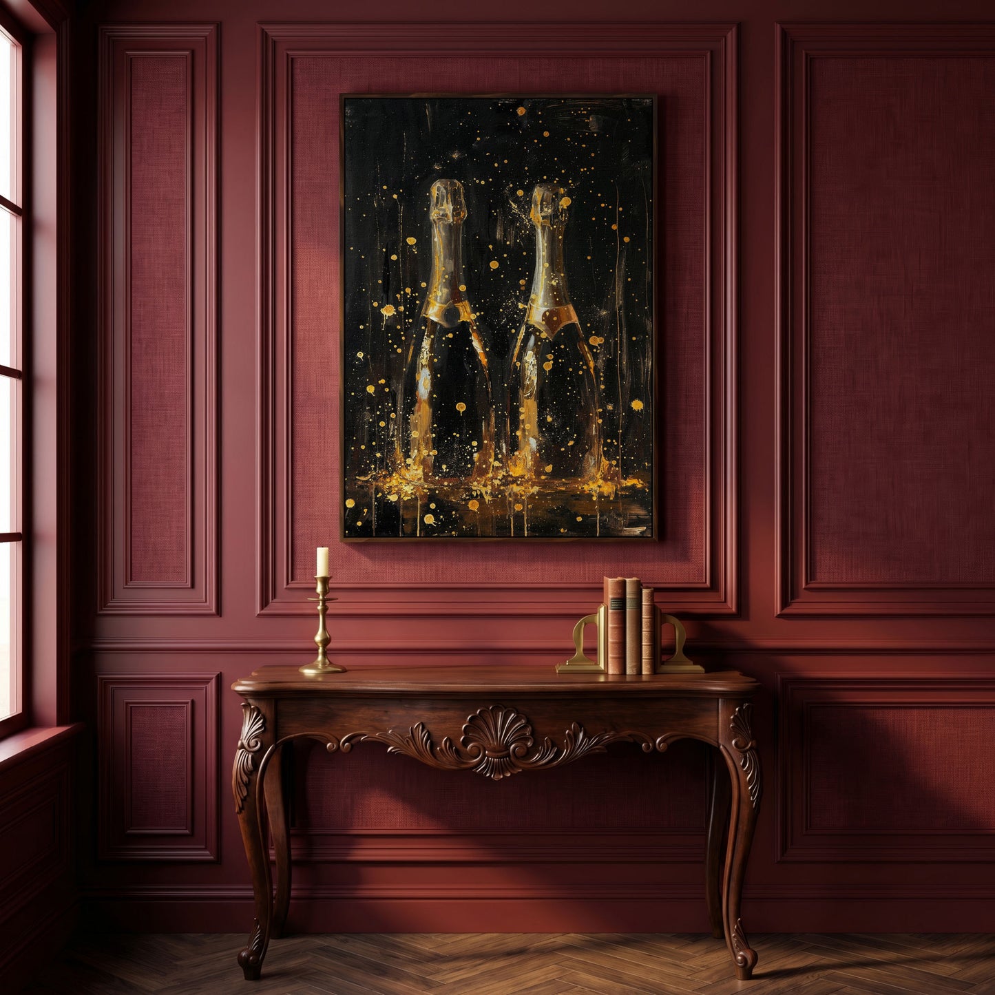 Champagne Celebration Gold Splatter Canvas in dark walnut floating frame