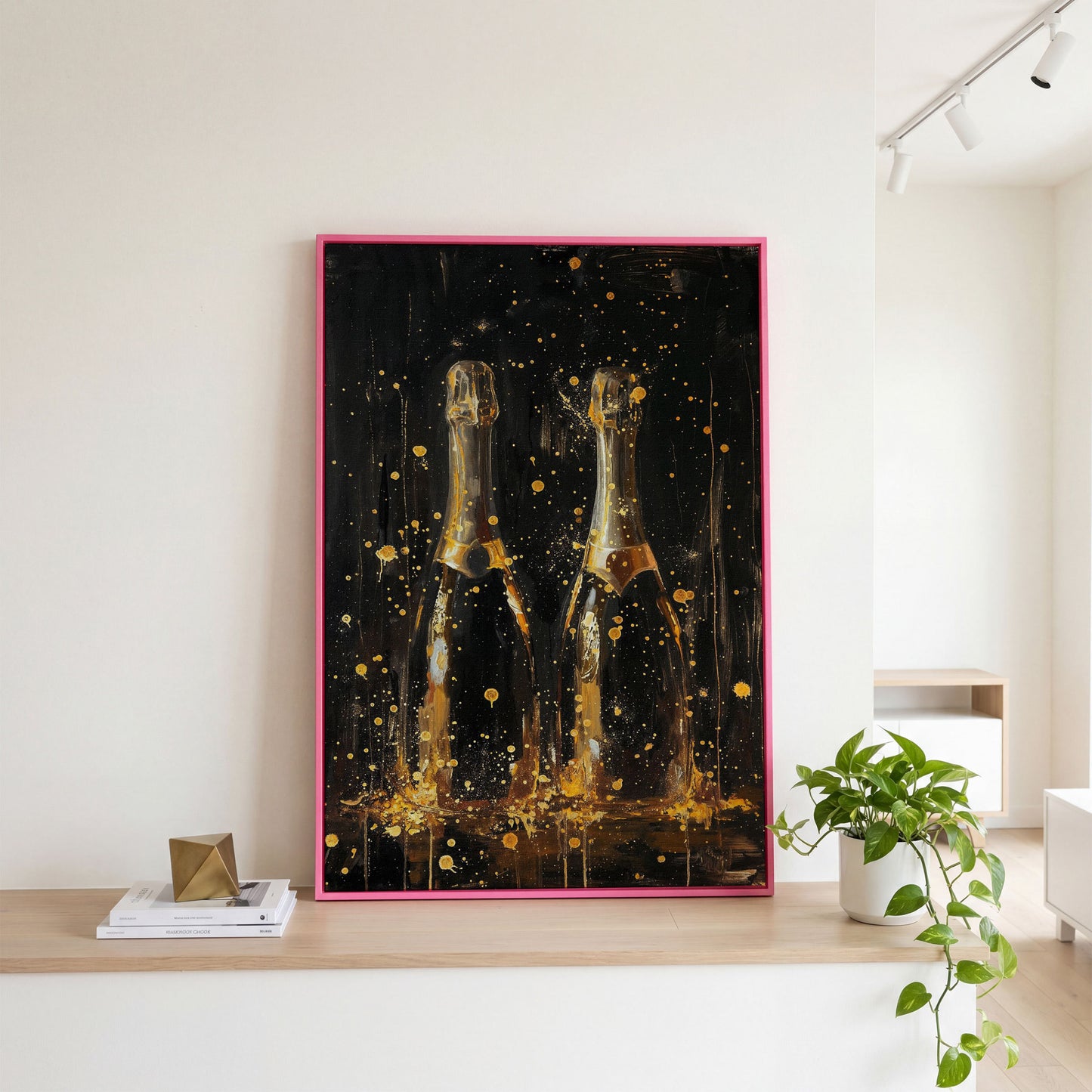 Champagne Celebration Gold Splatter Canvas in pink floating frame