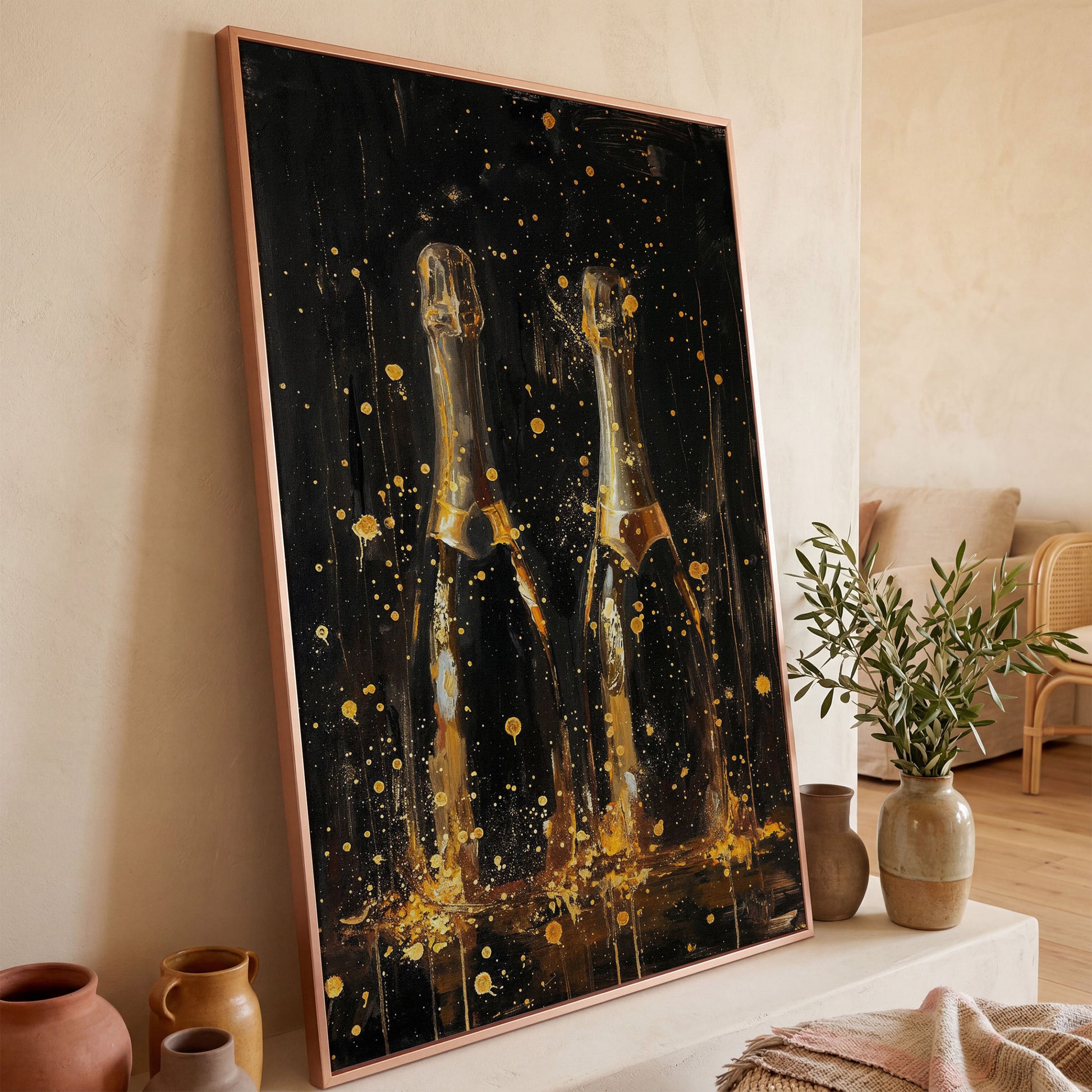 Champagne Celebration Gold Splatter Canvas in rose gold floating frame