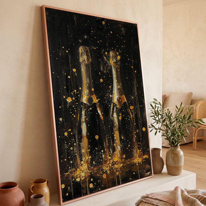 Champagne Celebration Gold Splatter Canvas in rose gold floating frame