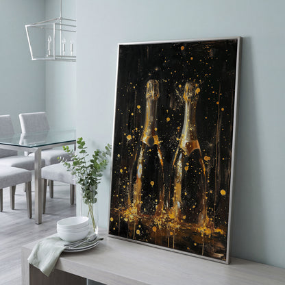 Champagne Celebration Gold Splatter Canvas in silver floating frame