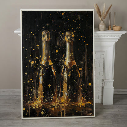 Champagne Celebration Gold Splatter Canvas in white floating frame