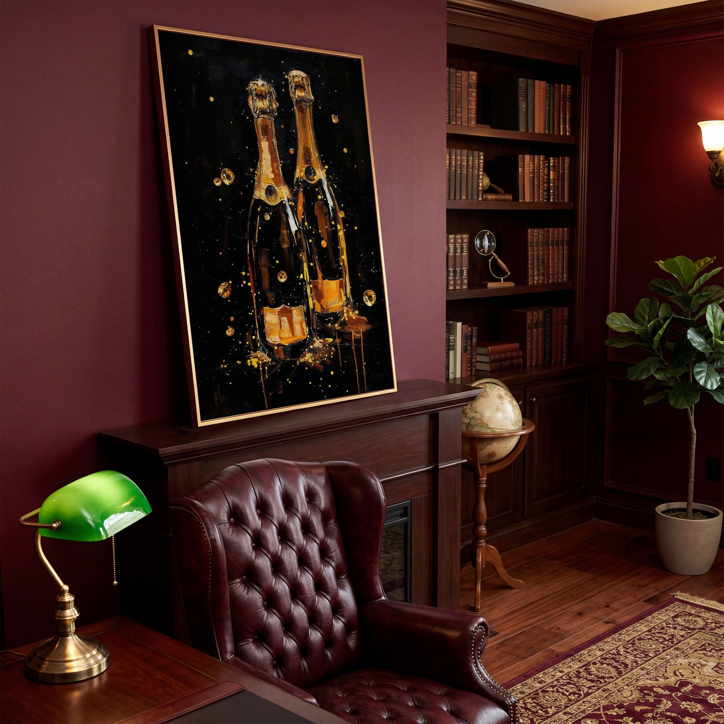Champagne Bottles & Gold Bubbles Canvas in antique gold floating frame