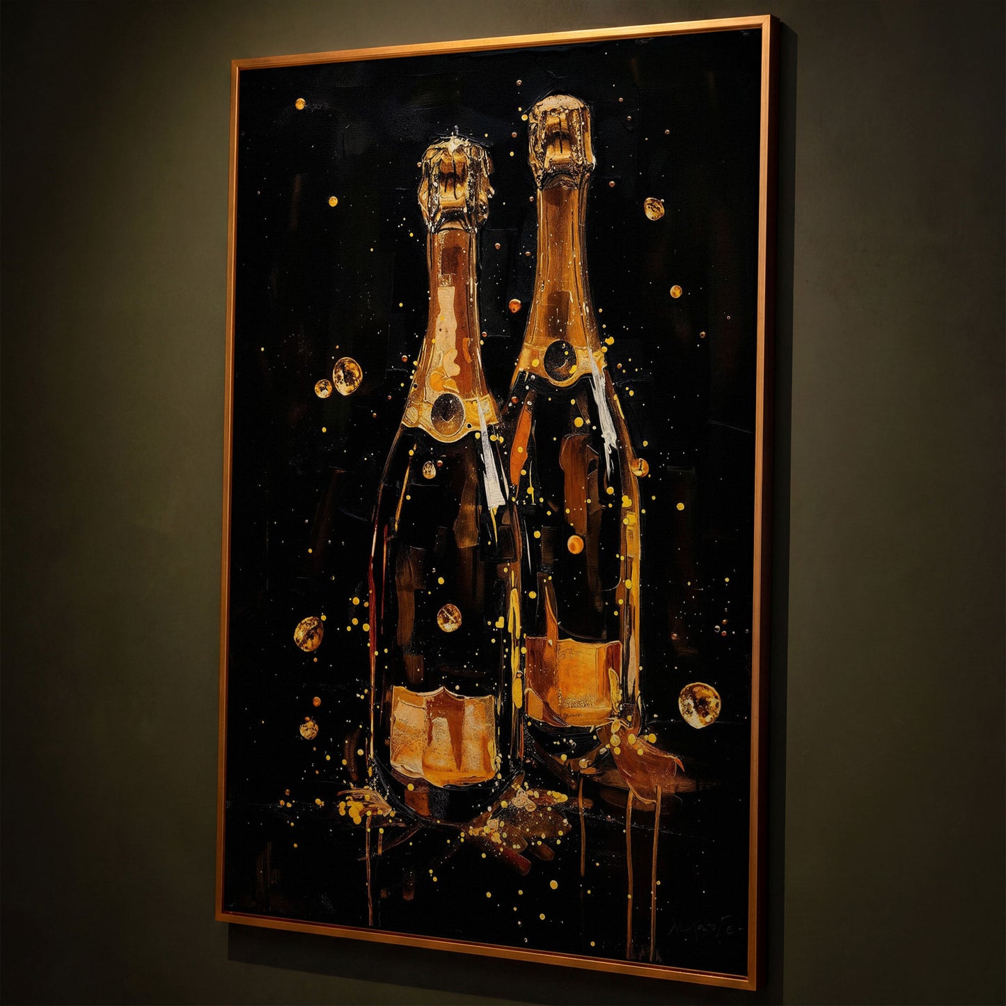 Champagne Bottles & Gold Bubbles Canvas shown in antique gold floating frame