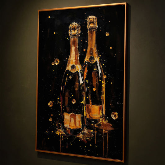 Champagne Bottles & Gold Bubbles Canvas shown in antique gold floating frame