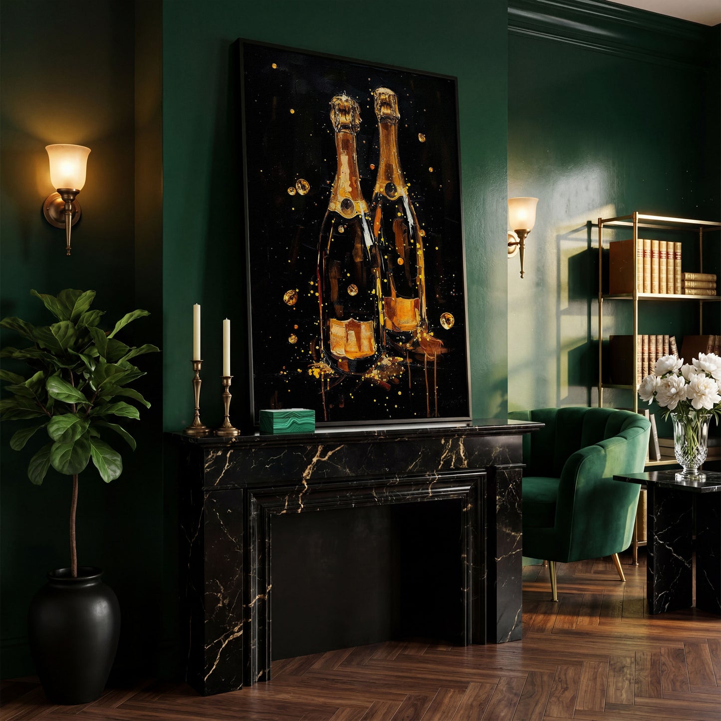 Champagne Bottles & Gold Bubbles Canvas in black floating frame