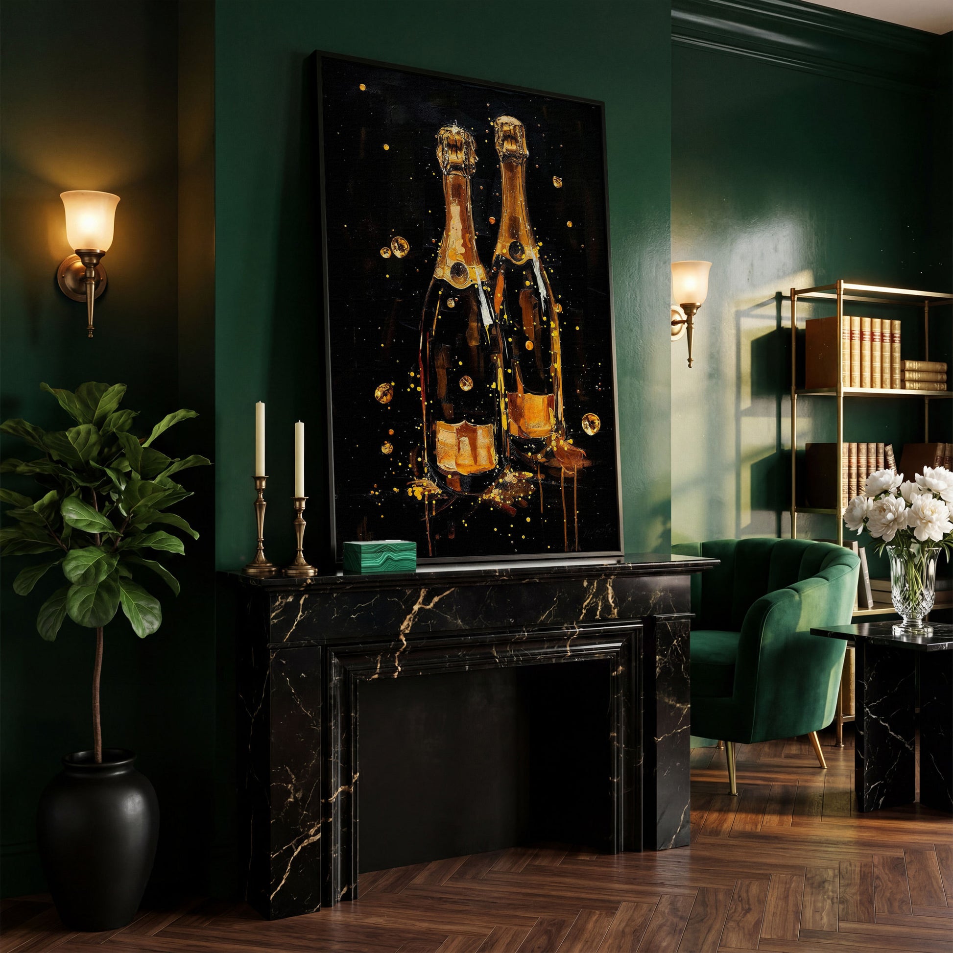 Champagne Bottles & Gold Bubbles Canvas in black floating frame