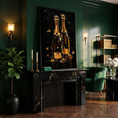 Champagne Bottles & Gold Bubbles Canvas in black floating frame