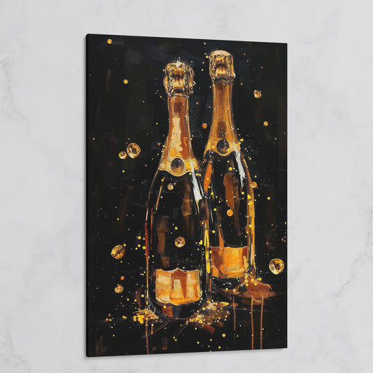 Champagne Bottles & Gold Bubbles Canvas on gallery wrap