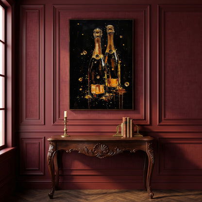 Champagne Bottles & Gold Bubbles Canvas in dark walnut floating frame