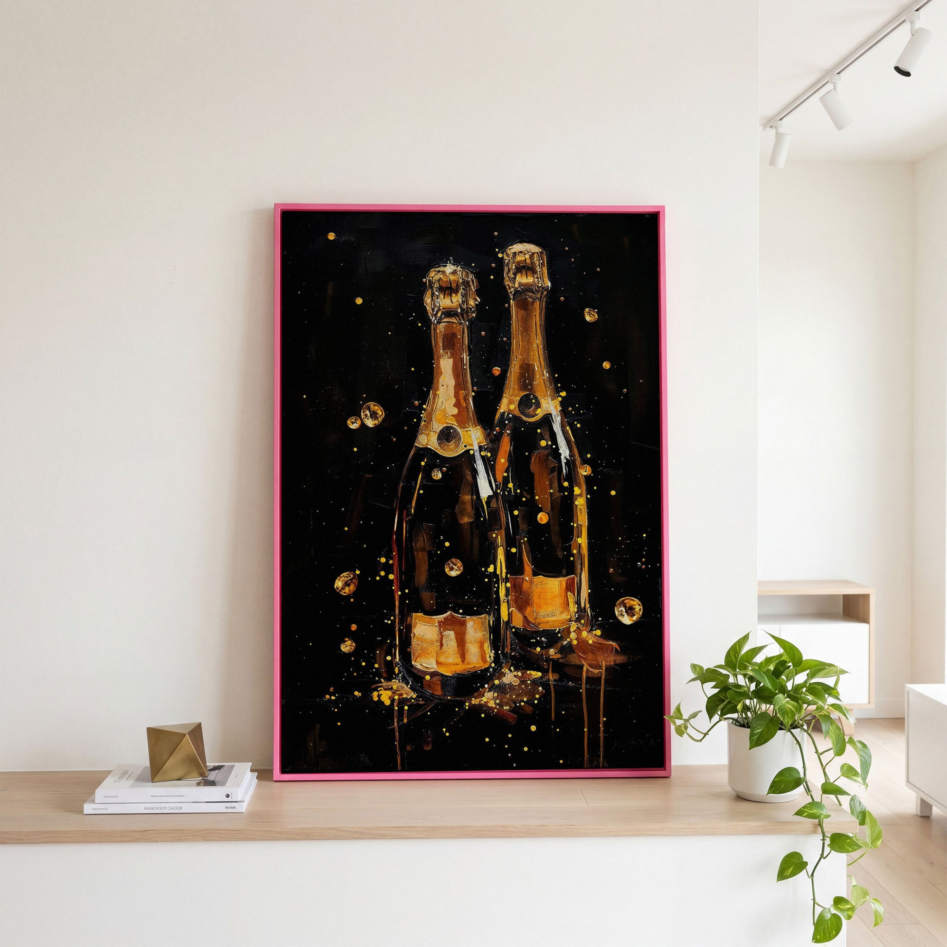 Champagne Bottles & Gold Bubbles Canvas in pink floating frame