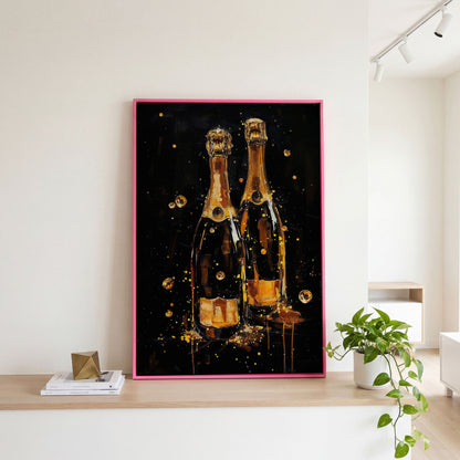 Champagne Bottles & Gold Bubbles Canvas in pink floating frame