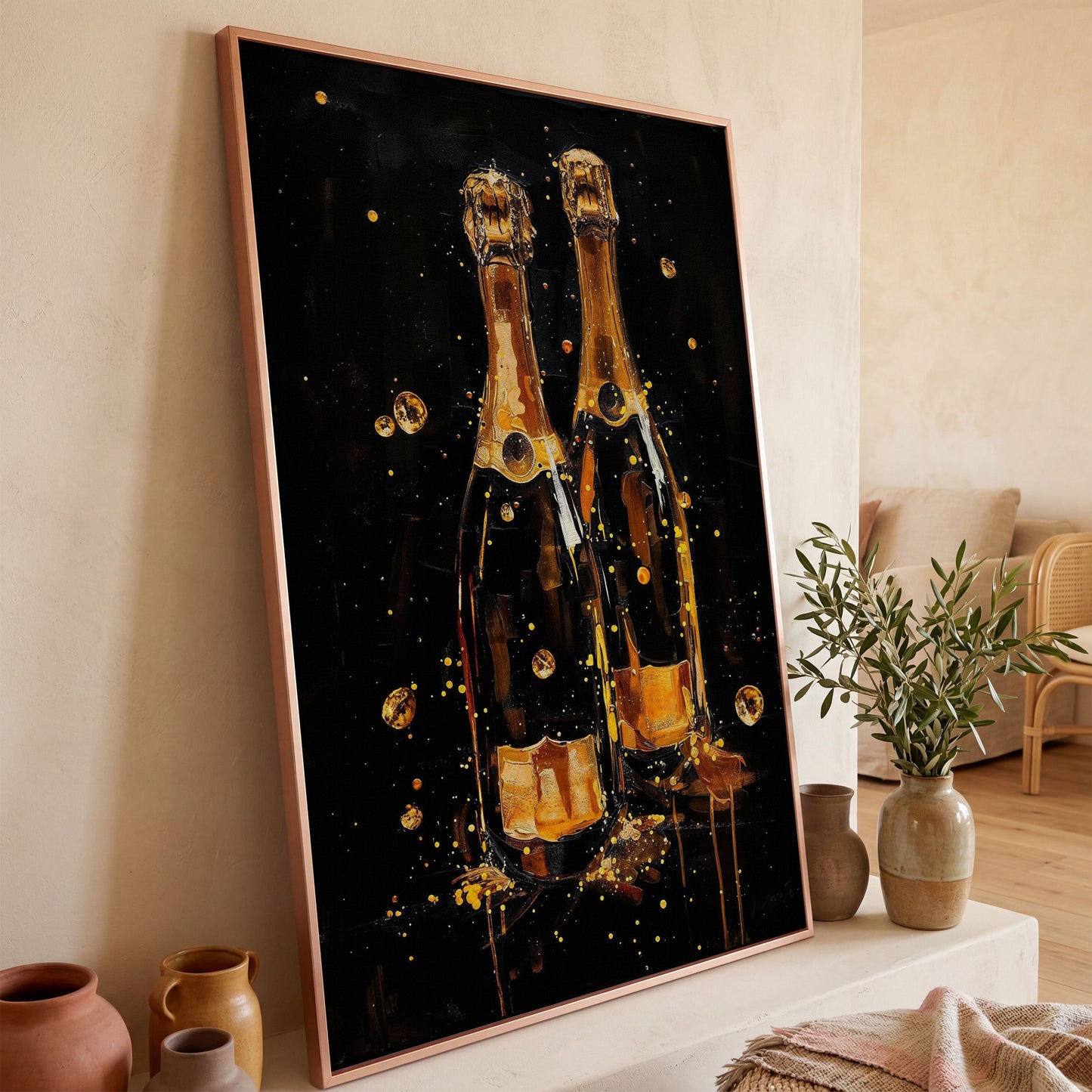 Champagne Bottles & Gold Bubbles Canvas in rose gold floating frame