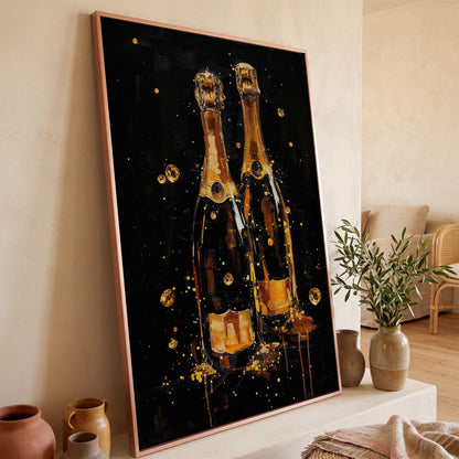 Champagne Bottles & Gold Bubbles Canvas in rose gold floating frame