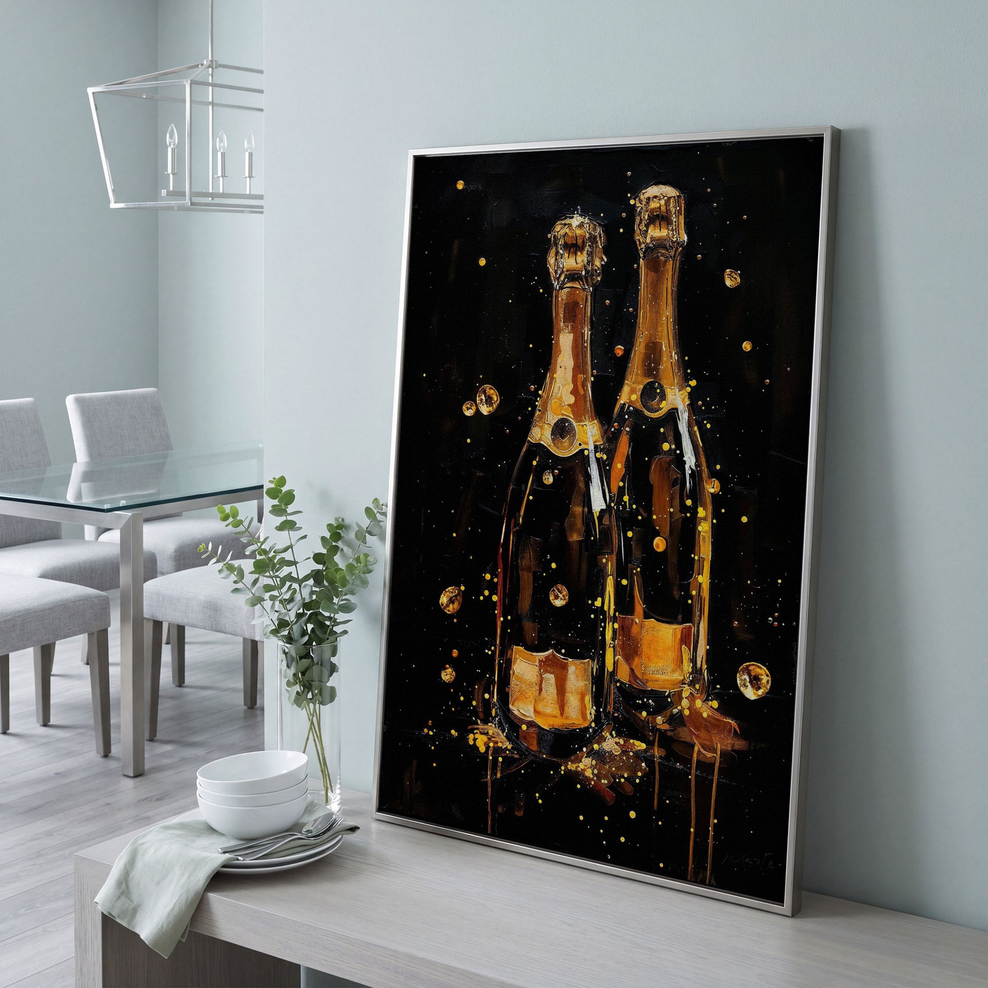 Champagne Bottles & Gold Bubbles Canvas in silver floating frame