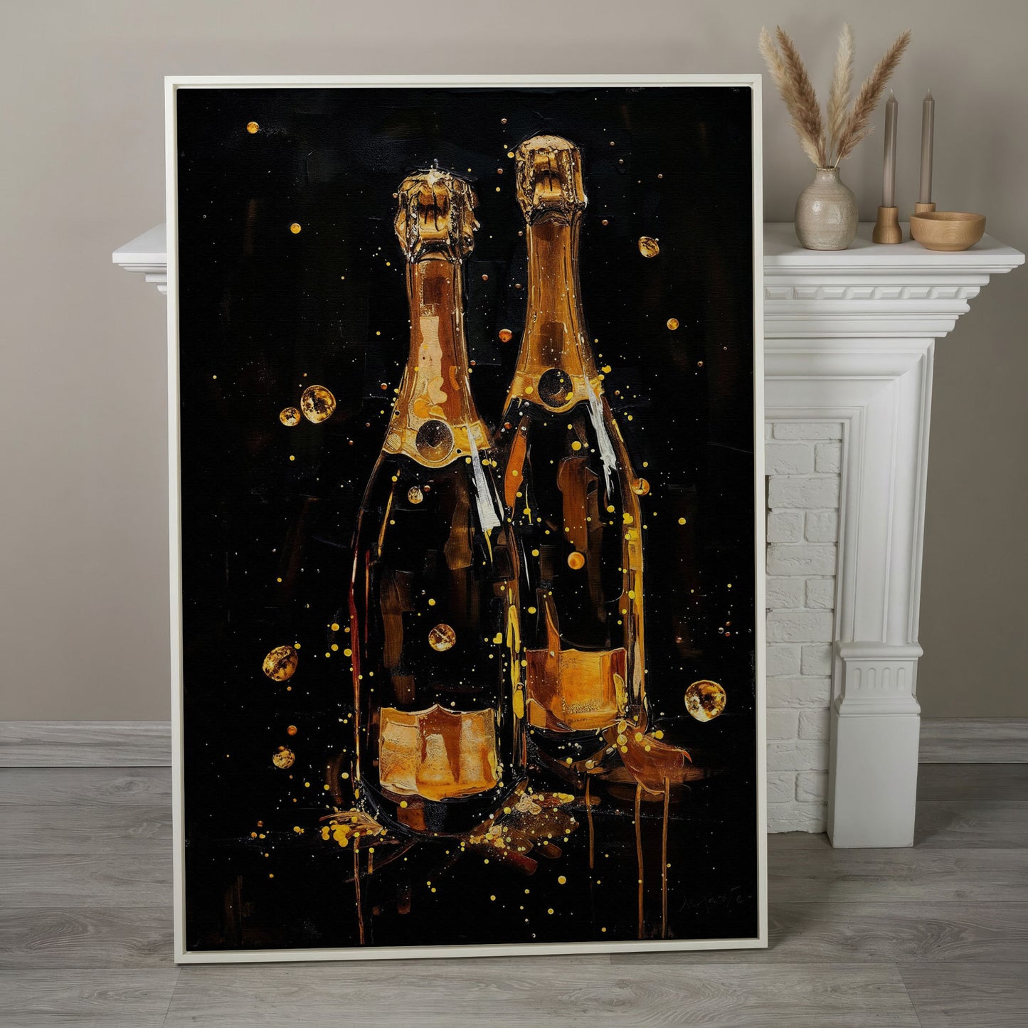 Champagne Bottles & Gold Bubbles Canvas in white floating frame