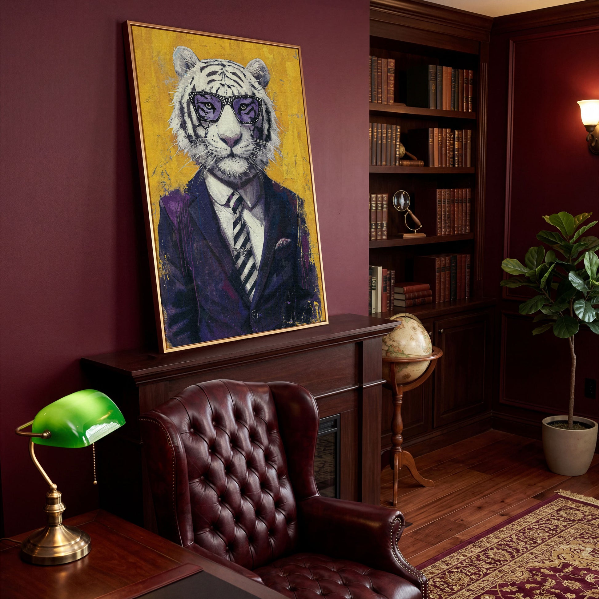 White Tiger in Purple Suit Canvas Art in antique gold floating frame