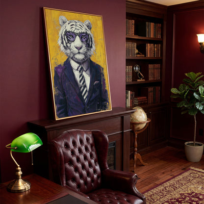White Tiger in Purple Suit Canvas Art in antique gold floating frame