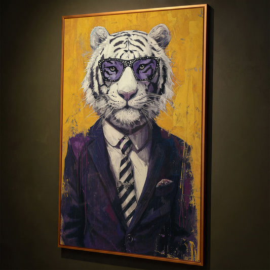 White Tiger in Purple Suit Canvas Art shown in antique gold floating frame