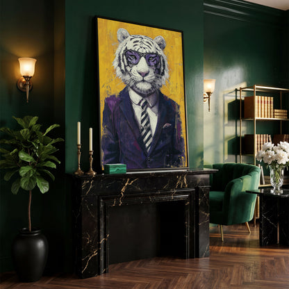 White Tiger in Purple Suit Canvas Art in black floating frame