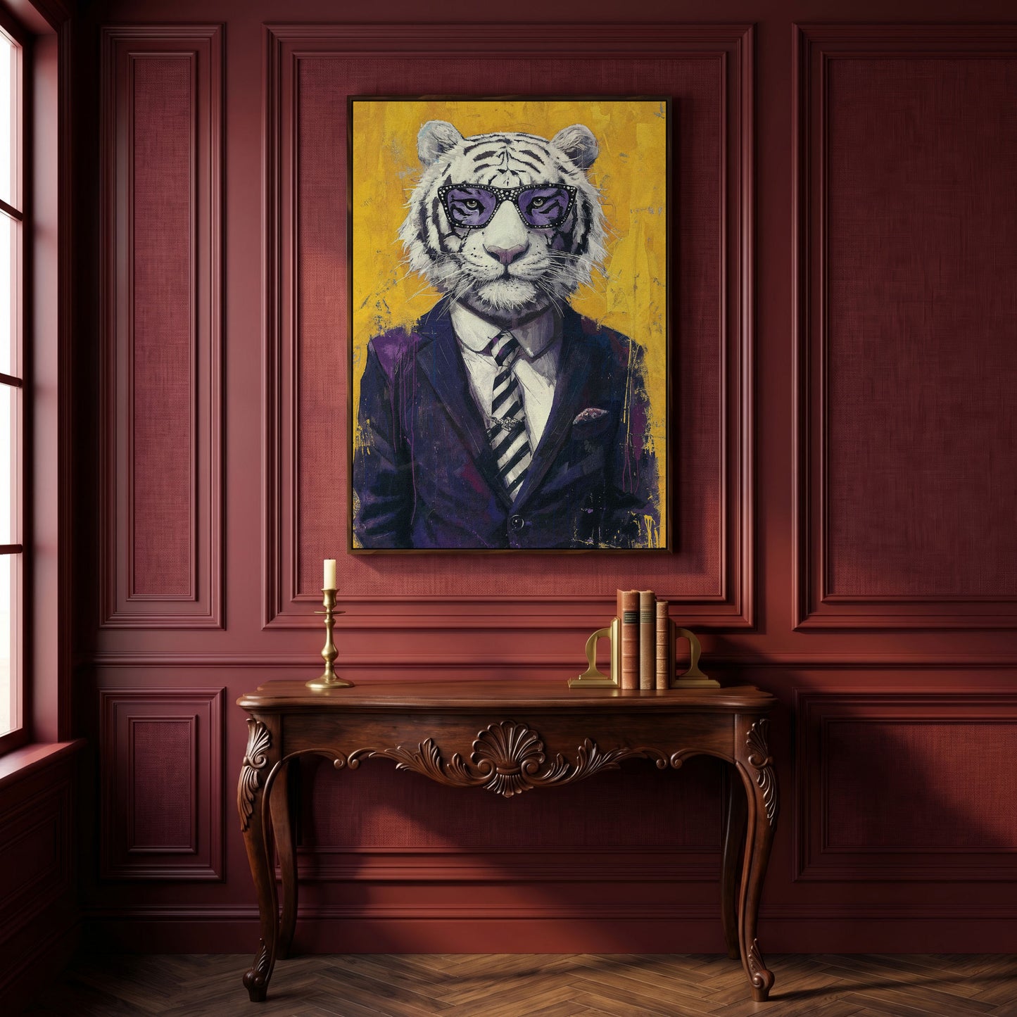 White Tiger in Purple Suit Canvas Art in dark walnut floating frame