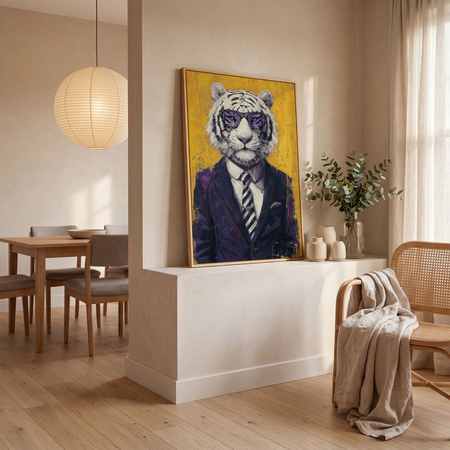 White Tiger in Purple Suit Canvas Art in white oak floating frame