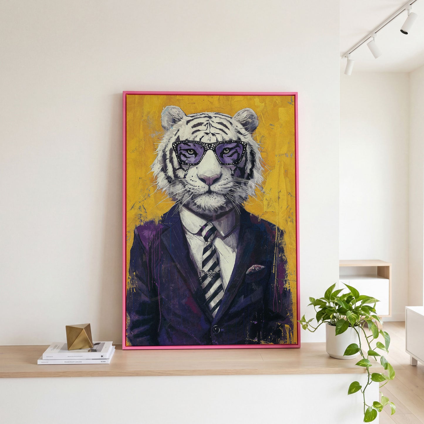 White Tiger in Purple Suit Canvas Art in pink floating frame