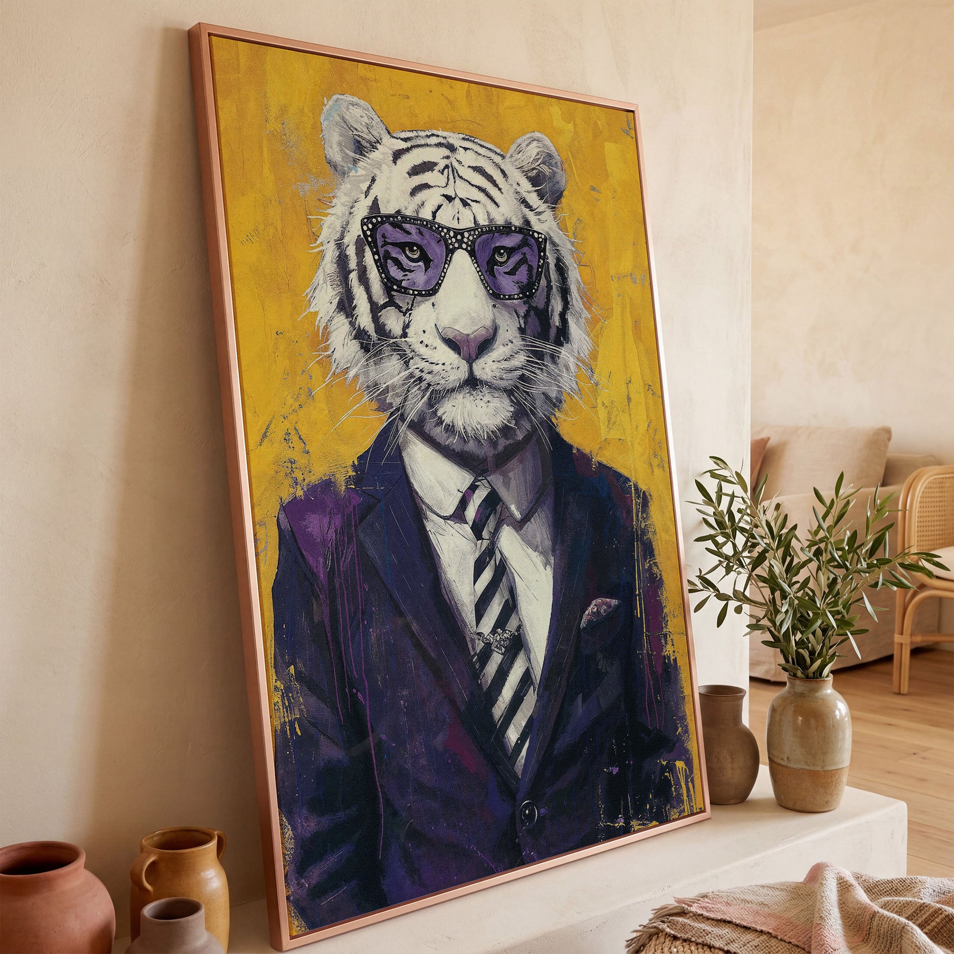 White Tiger in Purple Suit Canvas Art in rose gold floating frame