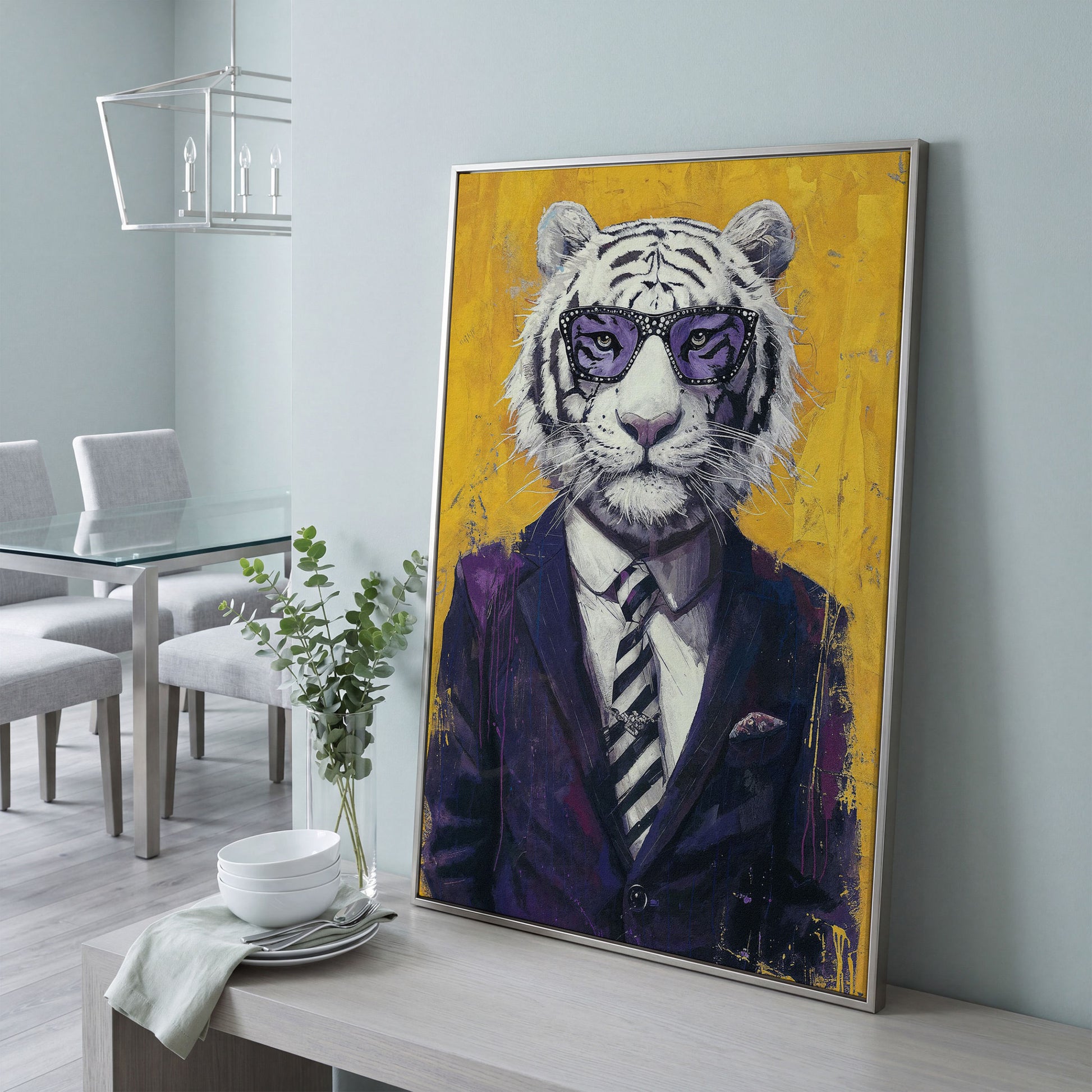 White Tiger in Purple Suit Canvas Art in silver floating frame