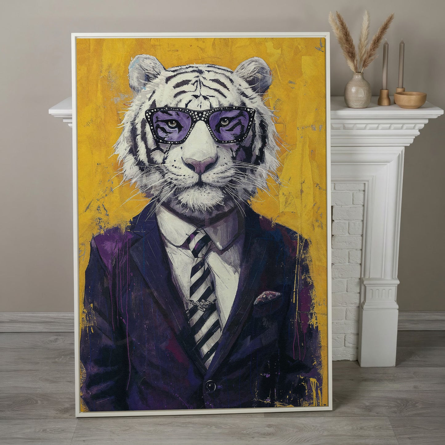 White Tiger in Purple Suit Canvas Art in white floating frame