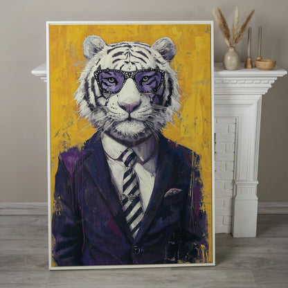 White Tiger in Purple Suit Canvas Art in white floating frame