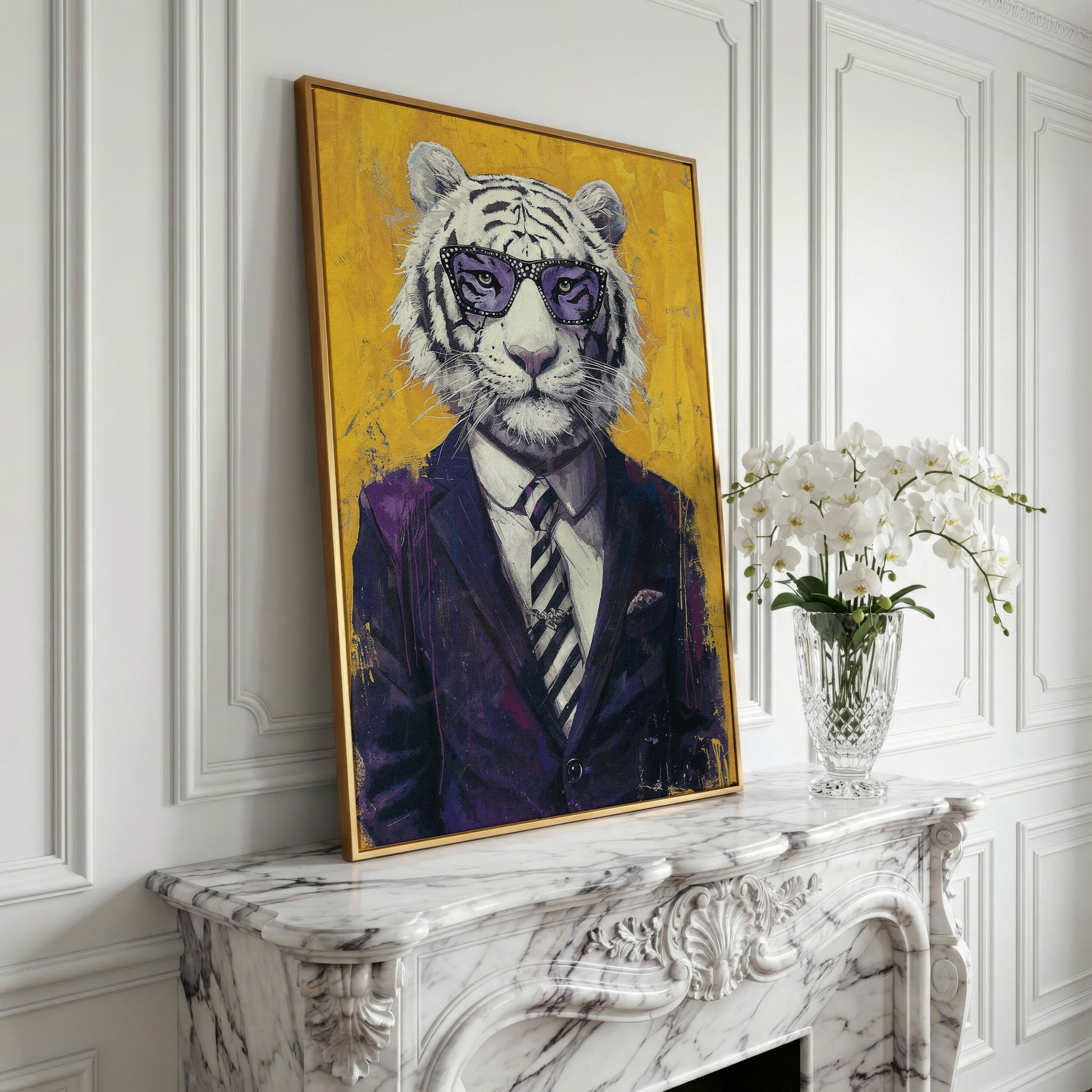 White Tiger in Purple Suit Canvas Art in yellow gold floating frame