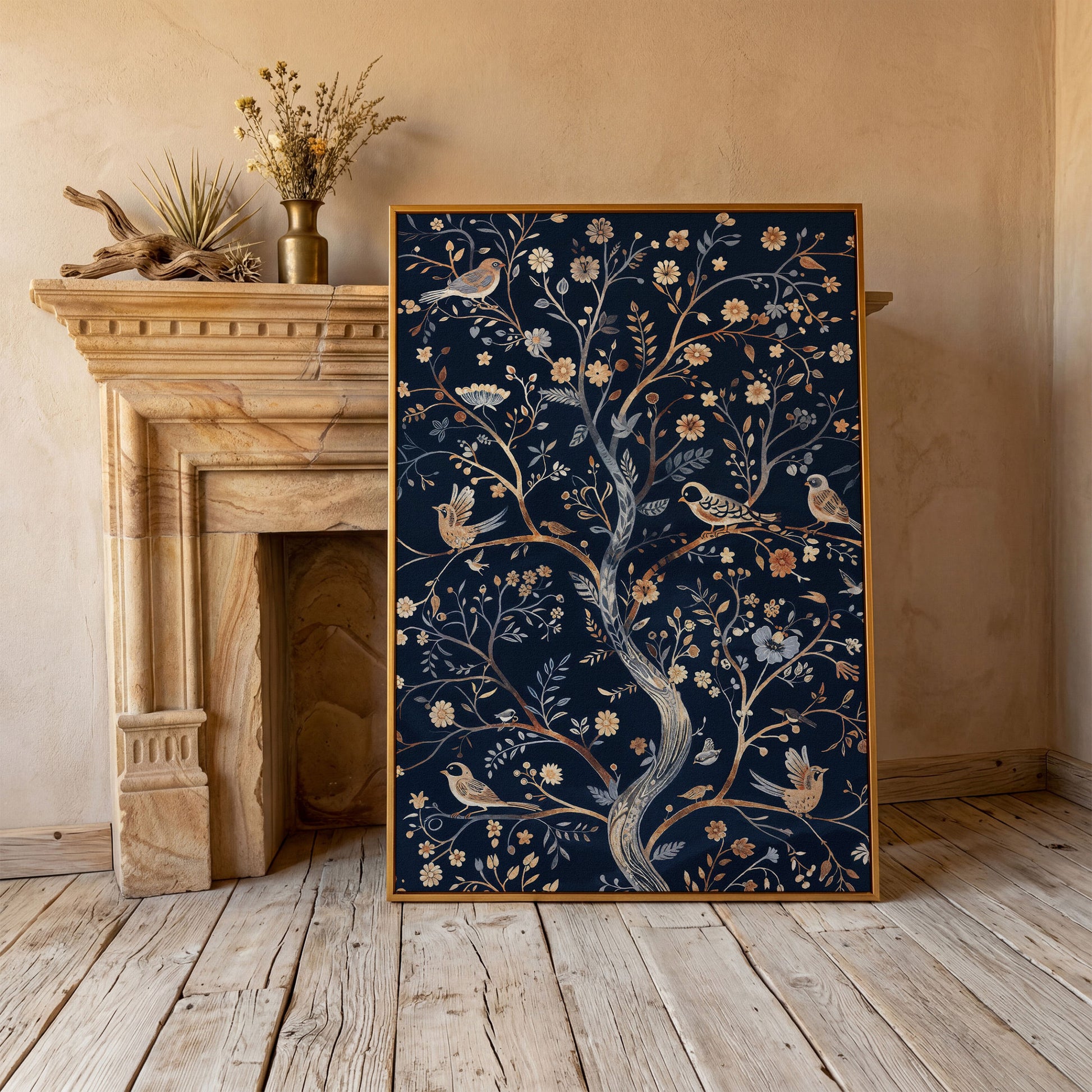 Boho Birds on Flower Tree Canvas Print in antique gold floating frame