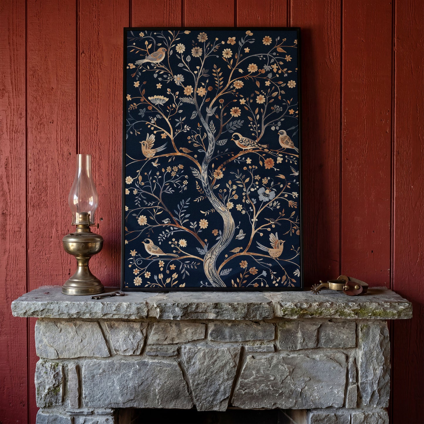 Boho Birds on Flower Tree Canvas Print in black floating frame