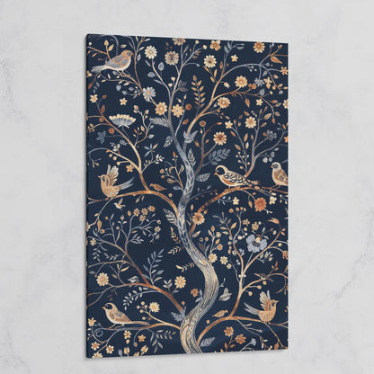 Boho Birds on Flower Tree Canvas Print on gallery wrap