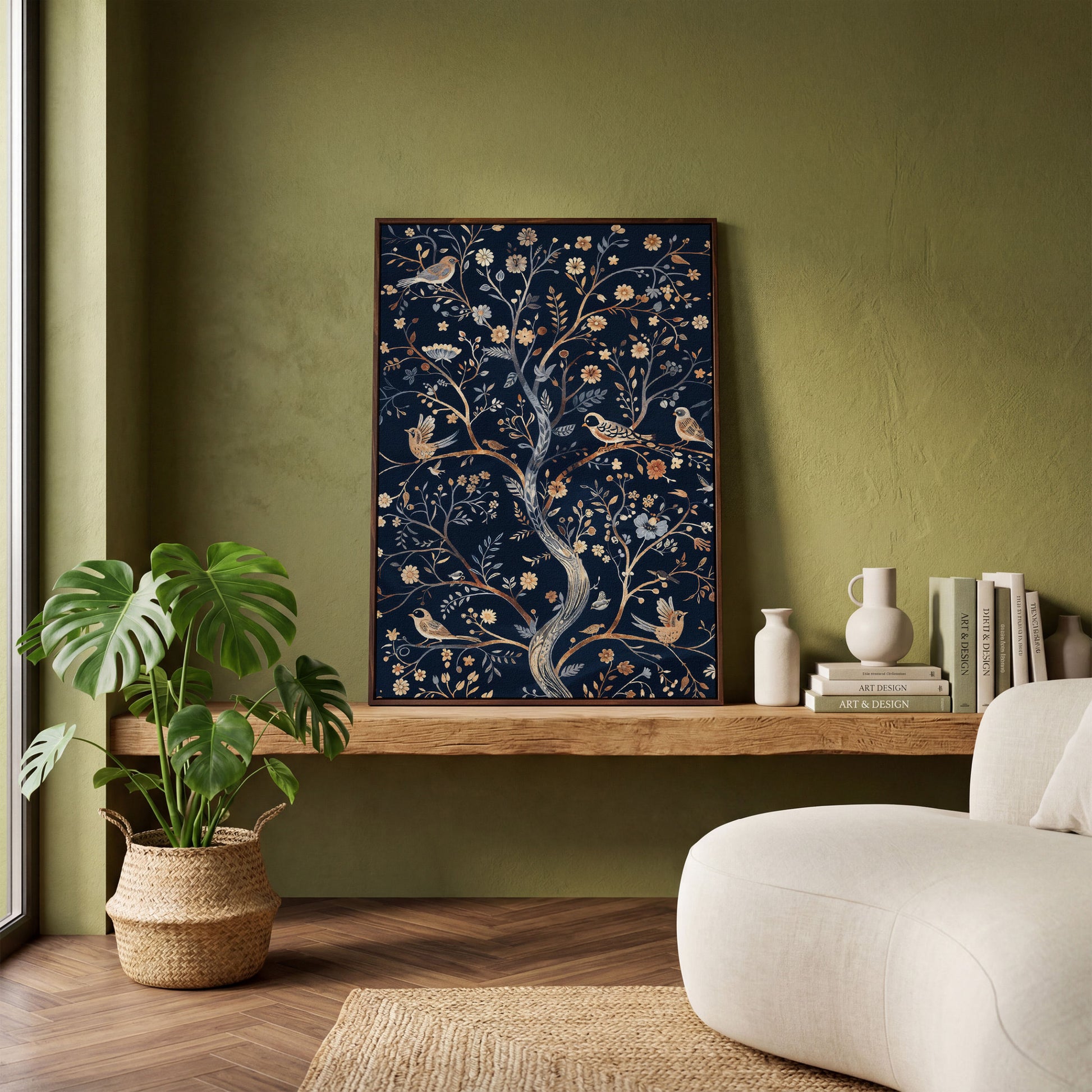 Boho Birds on Flower Tree Canvas Print in dark walnut floating frame