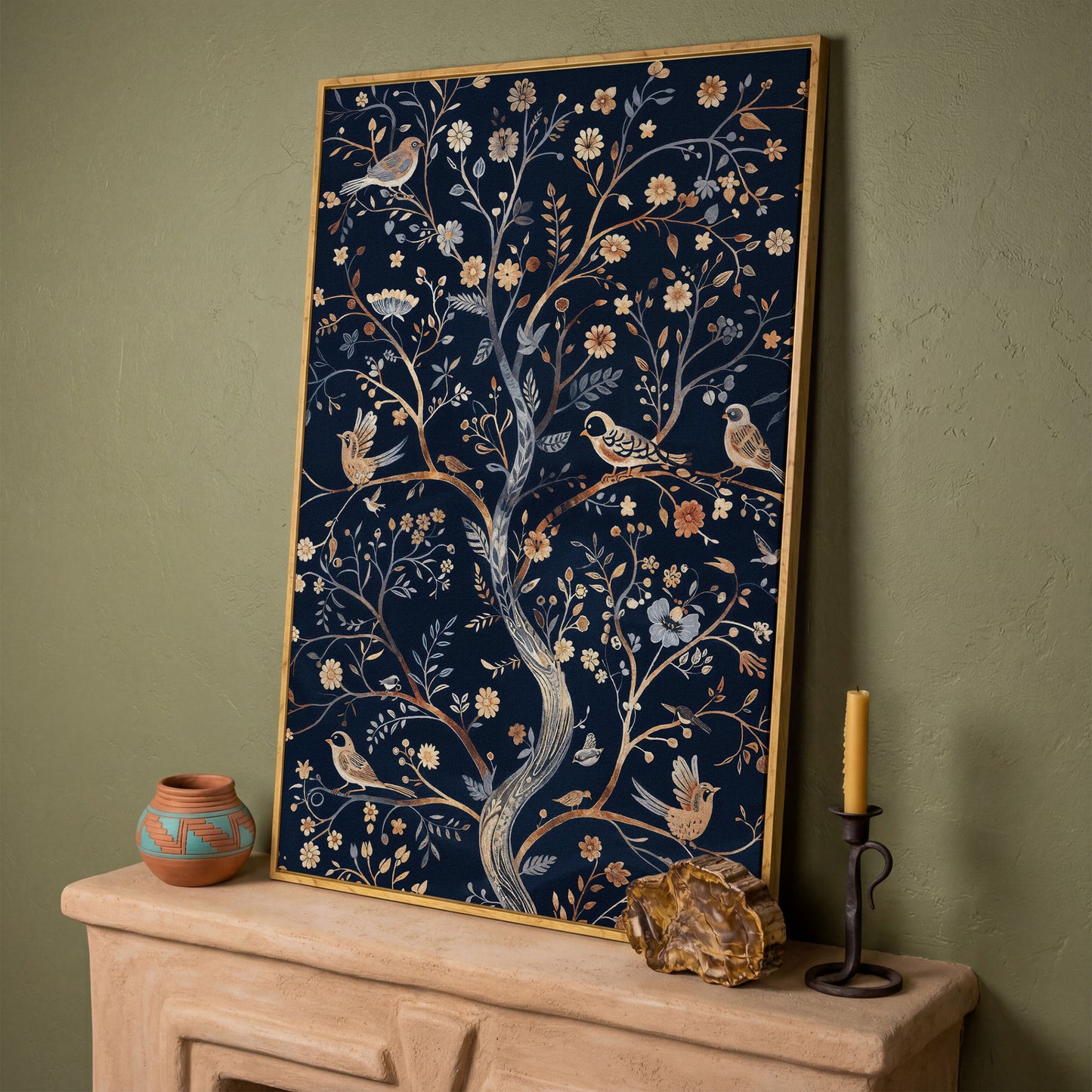 Boho Birds on Flower Tree Canvas Print in white oak floating frame