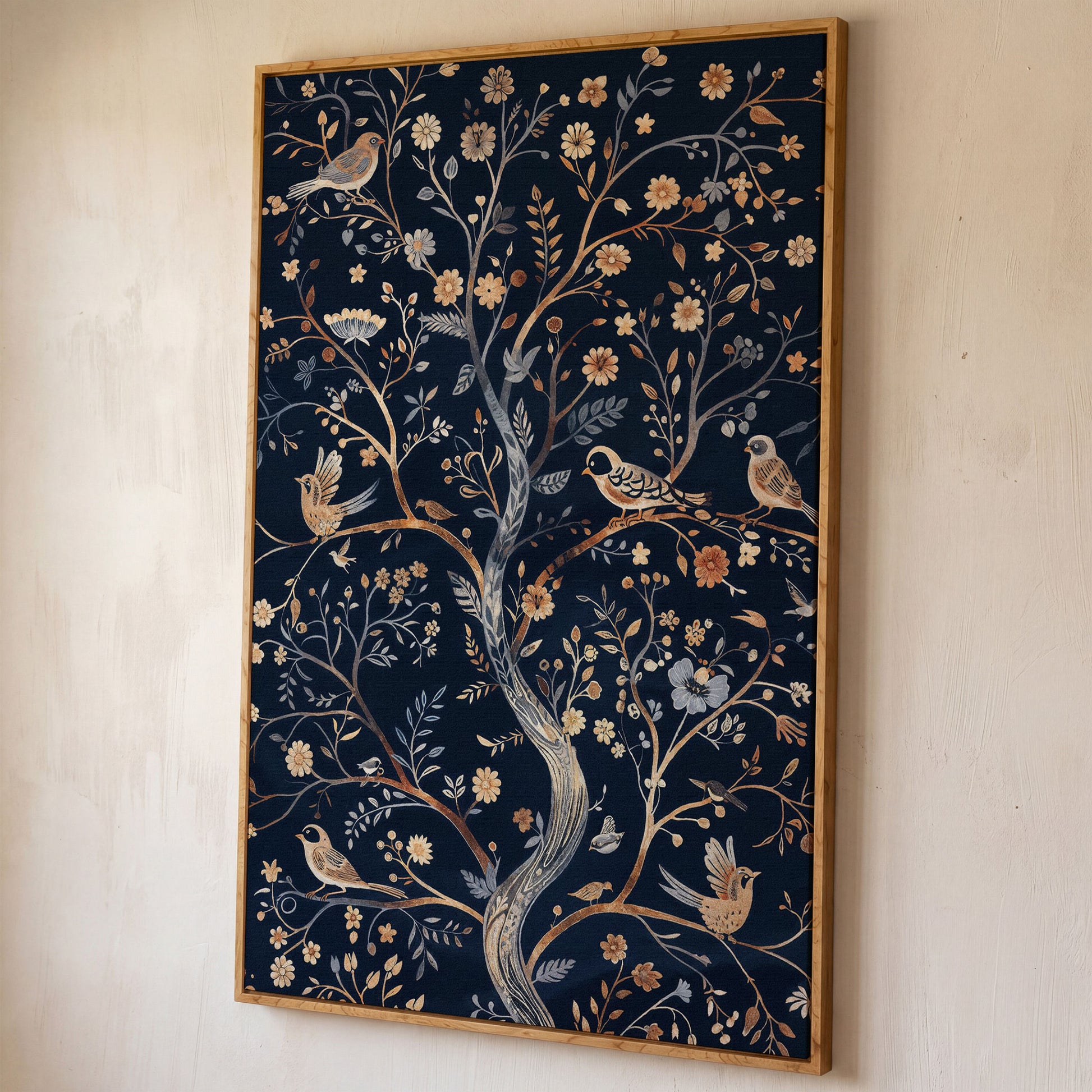 Boho Birds on Flower Tree Canvas Print shown in white oak floating frame