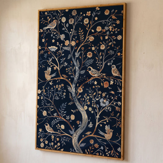 Boho Birds on Flower Tree Canvas Print shown in white oak floating frame