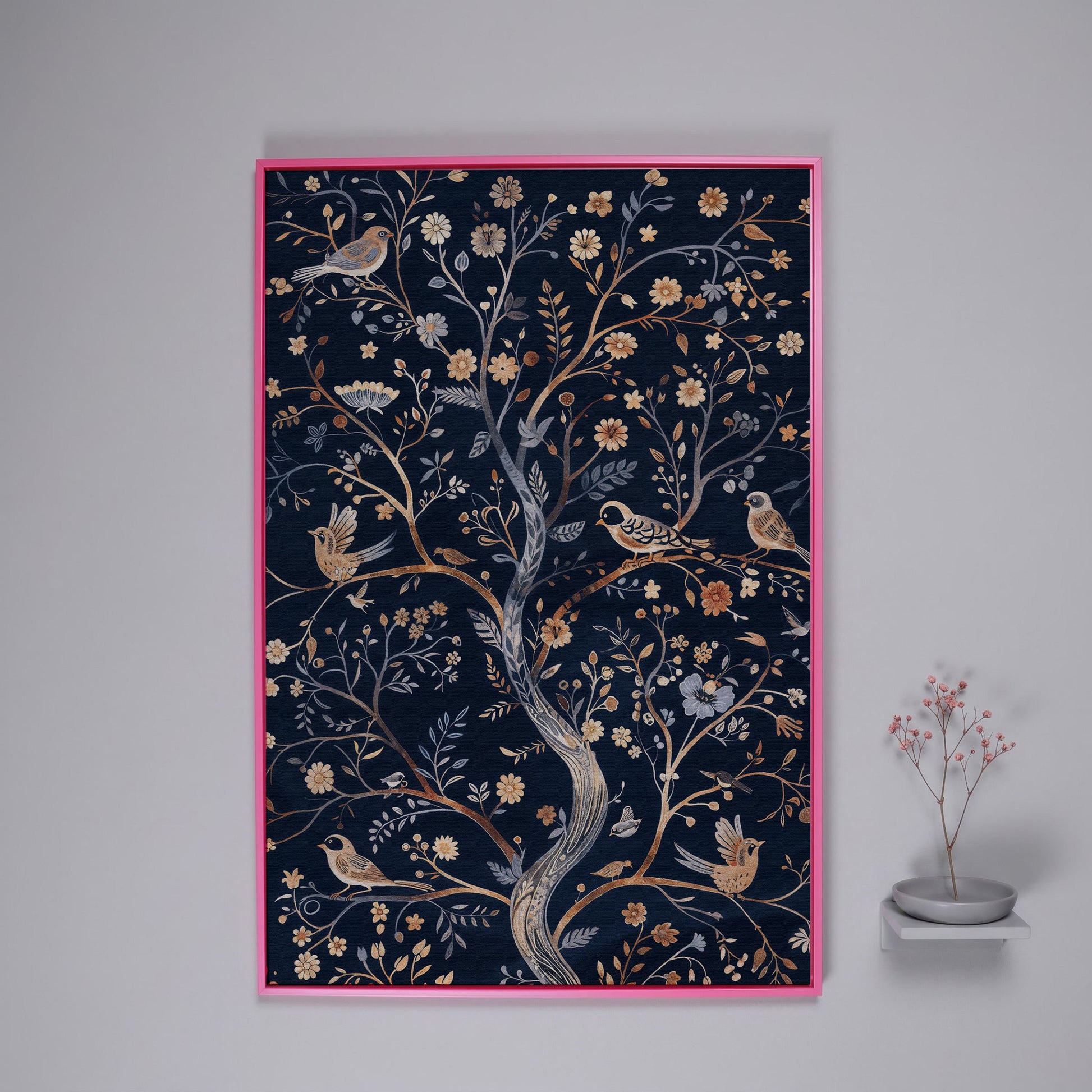 Boho Birds on Flower Tree Canvas Print in pink floating frame