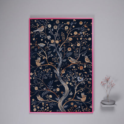 Boho Birds on Flower Tree Canvas Print in pink floating frame