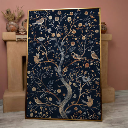 Boho Birds on Flower Tree Canvas Print in rose gold floating frame